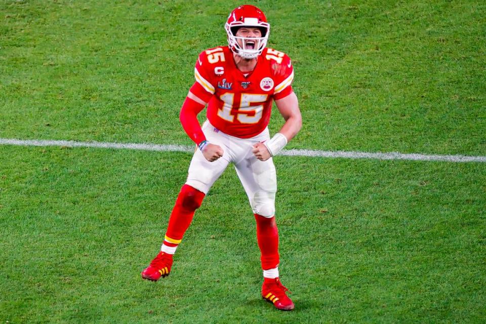 Kansas City Chiefs quarterback Patrick Mahomes, shown flexing during the February 2, 2020 Super Bowl at Hard Rock Stadium in Miami, wins the Week 8 title in Herald’s NFL QB rankings.
