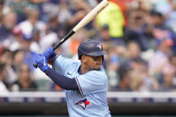 Toronto Blue Jays' Gabriel Moreno makes his major league debut during the second inning of a baseball game against the Detroit Tigers, Saturday, June 11, 2022, in Detroit. (AP Photo/Carlos Osorio)