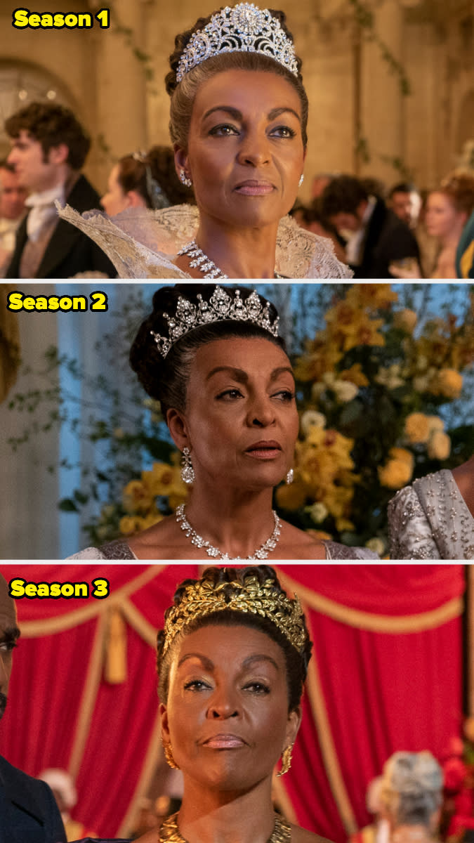 Adjoa Andoh as Lady Danbury from "Bridgerton" in three different seasons. She wears ornate dresses and regal tiaras in each season