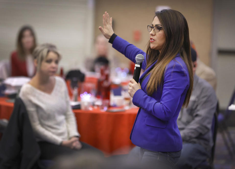Rep. Lauren Boebert, R-Colo., delivers her speech at the Montezuma County Lincoln Day Dinner at the Ute Mountain Casino Hotel, Saturday, Oct. 28, 2023, in Towaoc, Colo. (AP Photo/Jerry McBride)