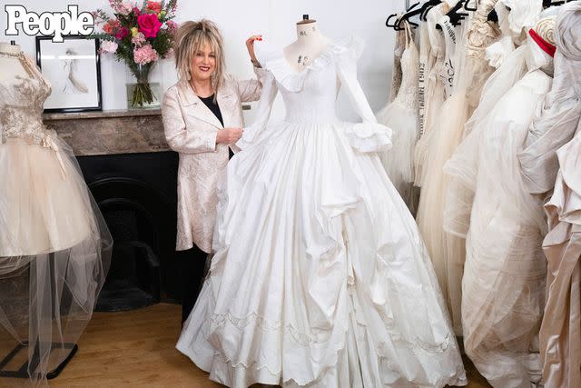 <p>Lauren Fleishman</p> Elizabeth Emanuel at her London studio with the recreated spare Princess Diana wedding dress on March 7, 2024