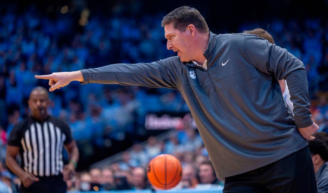 Clemson coach Brad Brownell direct his team on offense in the first half against North Carolina on Tuesday, February 6, 2024 at the Dean E. Smith Center in Chapel Hill, N.C.