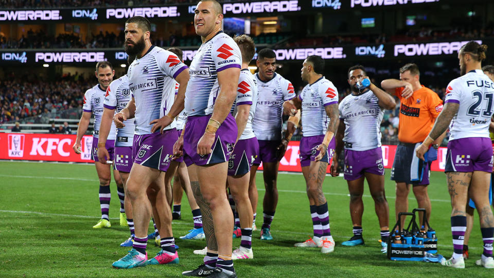Storm players, pictured here during their loss to the Roosters.