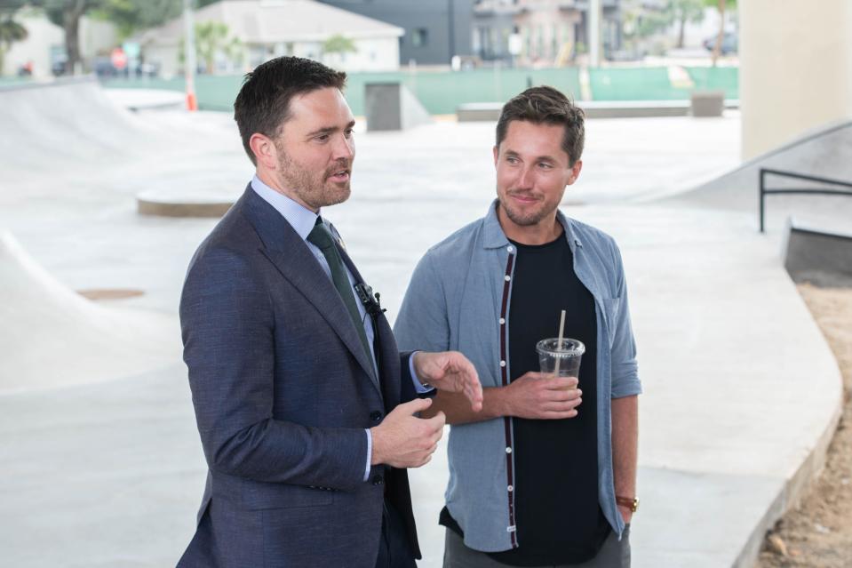 Jon Shell, of Upward Intuition, right, listens as Mayor D.C. Reeves talks about the progress of the Blake Doyle Skatepark during a media tour of the site at the corner of Hayne and Jackson Streets in Pensacola on Thursday, March 23, 2023.  The grand opening is scheduled for Tuesday, May 2, 2023.