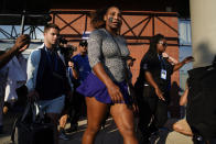 Serena Williams, of the United States, walks to the practice court before playing against Danka Kovinic, of Montenegro, in the first round of the US Open tennis championships, Monday, Aug. 29, 2022, in New York. (AP Photo/Julia Nikhinson)