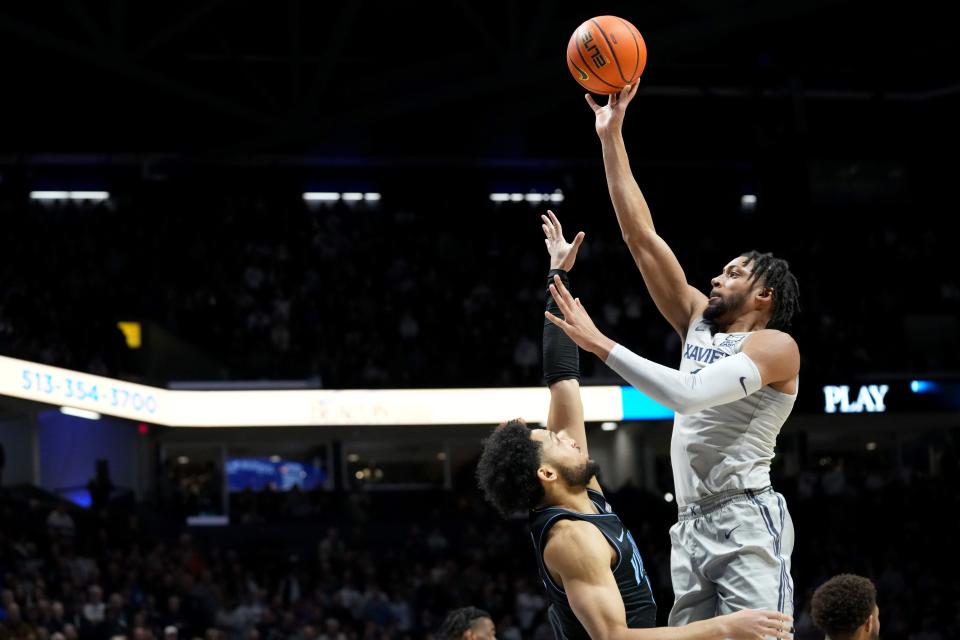 Xavier Musketeers forward Jerome Hunter (2) rises for a shot in the first half of a college basketball game between the Villanova Wildcats and the Xavier Musketeers, Tuesday, Feb. 21, 2023, at Cintas Center in Cincinnati.