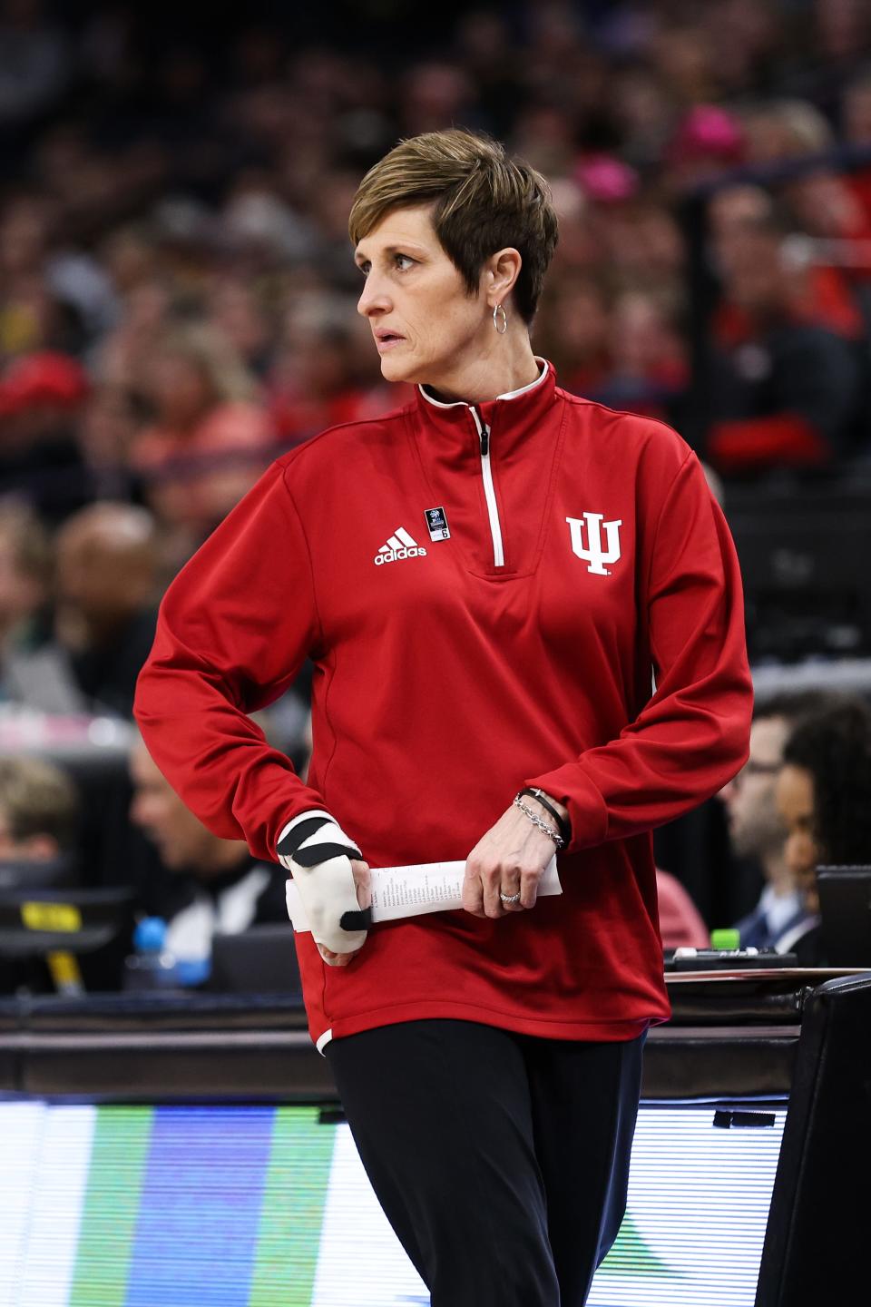 Mar 4, 2023; Minneapolis, MINN, USA; Indiana Hoosiers head coach Teri Moren looks on during the first half against the Ohio State Buckeyes at Target Center. Mandatory Credit: Matt Krohn-USA TODAY Sports