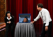 <p>Demi Lovato cracks up as Kenan Thompson pops up during an episode of <em>The Tonight Show Starring Jimmy Fallon</em> on Aug. 17 in N.Y.C. </p>