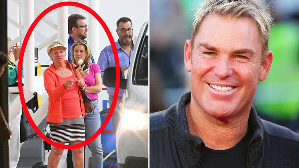 In this photo, Shane Warne's mum Brigitte is seen holding a single rose as she waits for her son's body to return home from Thailand. 