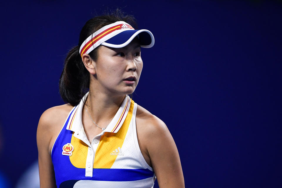 Peng Shuai of China looks on during her women's singles match against Elena Vesnina of Russia at the Zhuhai Elite Trophy tennis tournament in Zhuhai, in south China's Guangdong province on November 3, 2017. / AFP PHOTO / STR / China OUT        (Photo credit should read STR/AFP via Getty Images)