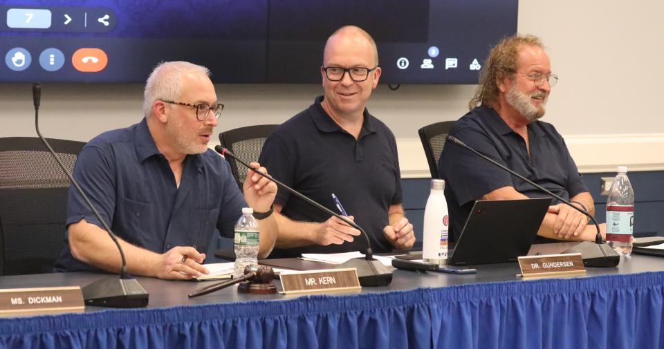 Suffern School Board President Matthew Kern, left, Superintendent Erik Gunderson and Board Member Tom Donnelly during a school board meeting at district headquarters in Hillburn Aug. 22, 2023.