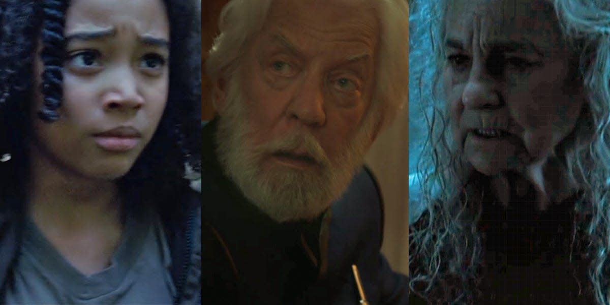 rue in hunger games president snow in hunger games mockingjay part 2 and mags in hunger games catching fire