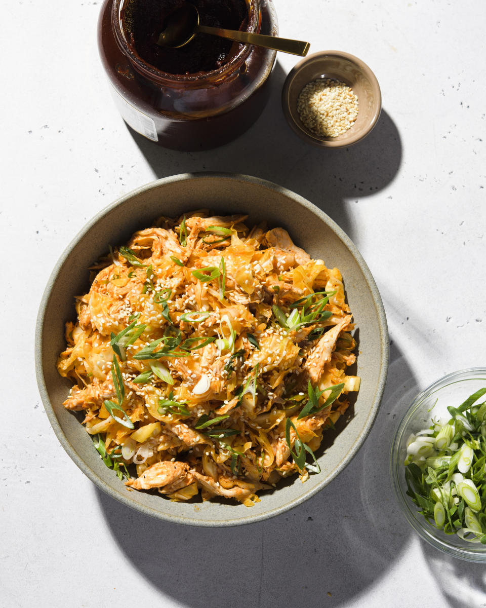 This image released by Milk Street shows a recipe for cabbage and chicken salad with gochujang and sesame. (Milk Street via AP)