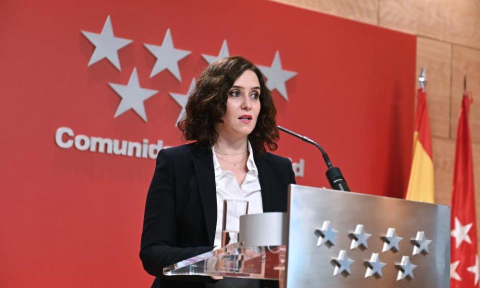 Isabel Díaz Ayuso holds a press conference after a regional government meeting in Madrid