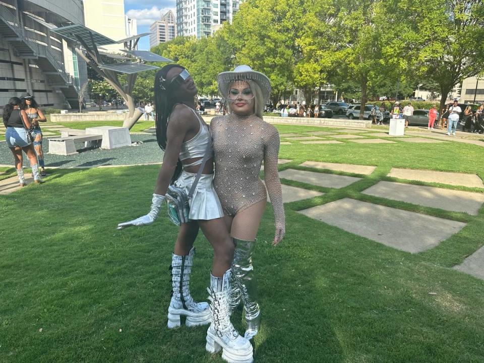 From left, Melody Rose and Stacy Sprinkles are ready for the Beyoncé concert in Charlotte on Wednesday, August 9, 2023.