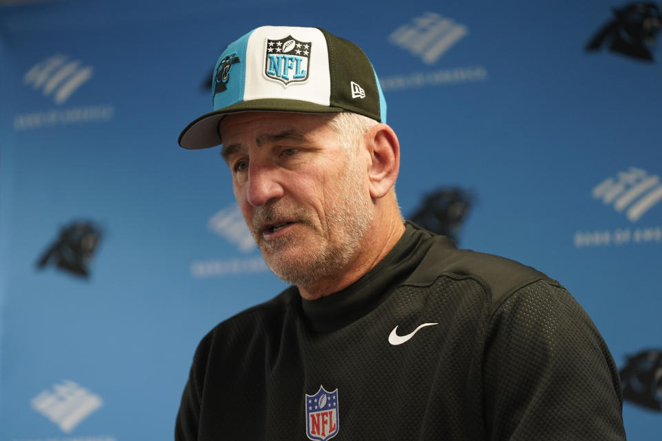 Carolina Panthers head coach Frank Reich speaks during a press conference after his team's loss to the Chicago Bears after an NFL football game Thursday, Nov. 9, 2023, in Chicago. (AP Photo/Erin Hooley)