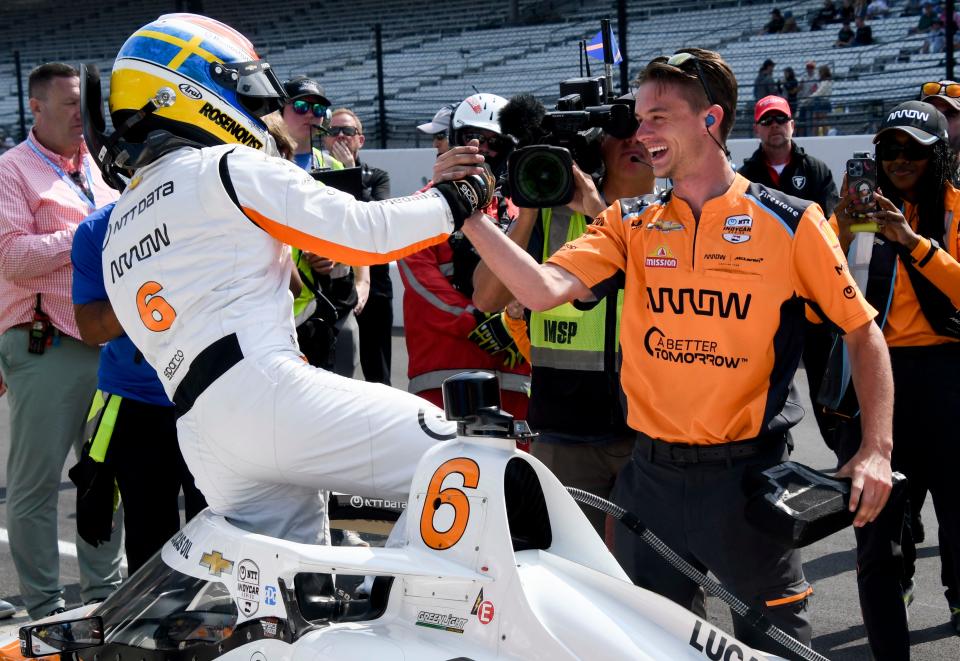 Arrow McLaren SP driver Felix Rosenqvist (6) is helped out of his car after jumping to the top qualifying time Saturday, May 20, 2023, during first day of qualifying ahead of the 107th running of the Indianapolis 500 at Indianapolis Motor Speedway. 