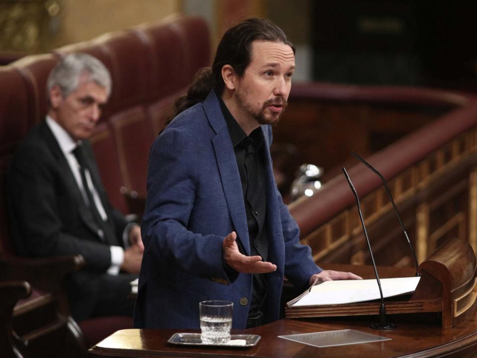 Deputy Prime Minister Pablo Iglesias is seen at the plenary session of control to the Government: Europa Press via Getty Images