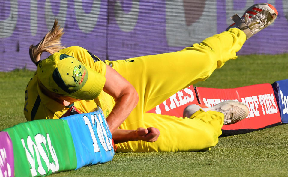 Ellyse Perry, pictured here putting her body on the line for an incredible save against India at the T20 World Cup.