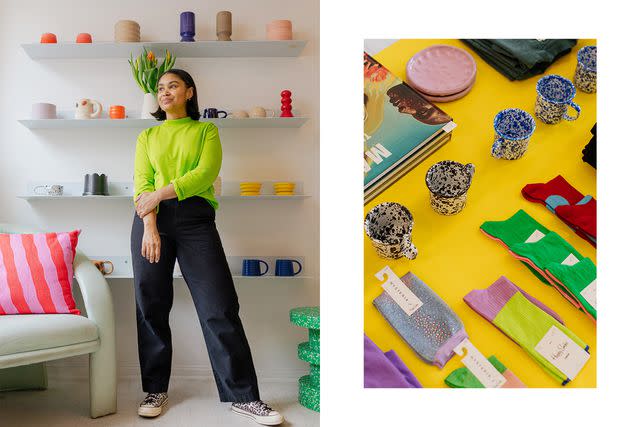 <p>Bre Furlong/Courtesy of Yowie</p> From left: Shannon Maldonado at Yowie, the Philadelphia boutique she founded; goods for sale at Yowie.