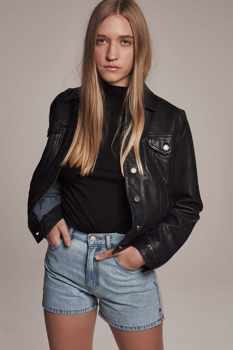 Leather jacket on artist Coco Gordon, daughter of Kim Gordon. (Photo: Courtesy of The Gap)