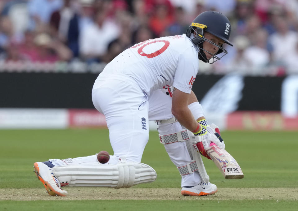 England's Ollie Pope bats during the second day of the second Ashes Test cricket match at Lord's Cricket Ground, London, England, Thursday, June 29, 2023. (AP Photo/Kirsty Wigglesworth)