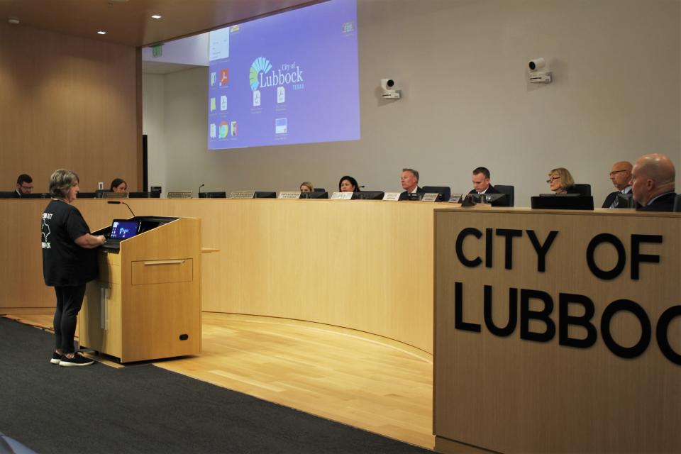 Sarah Stennett speaks in favor of an ordinance decriminalizing marijuana in Lubbock during a city council meeting Tuesday at Citizens Tower.