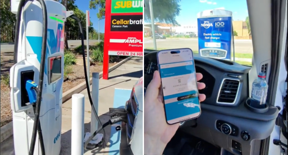 Screenshots from Trevor Long's TikTok videos showing him at two different electric vehicle stations in NSW, one an Evie station and one an NRMA station.