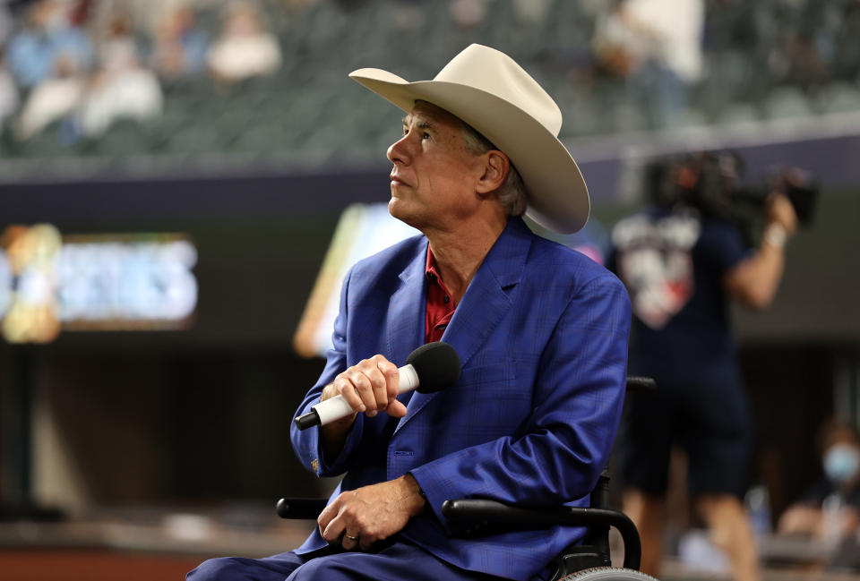 ARLINGTON, TX - OCTOBER 20: Texas Governor Greg Abbott is seen on field before Game 1 of the 2020 World Series between the Los Angeles Dodgers and the Tampa Bay Rays at Globe Life Field on Tuesday, October 20, 2020 in Arlington, Texas. (Photo by Alex Trautwig/MLB Photos via Getty Images)