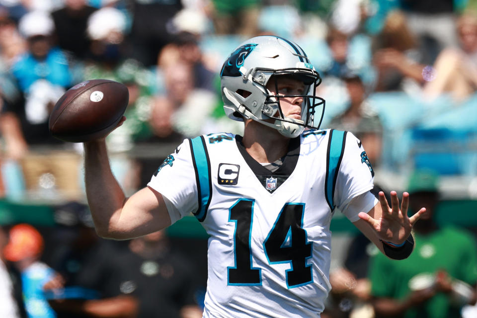 CHARLOTTE, NORTH CAROLINA - SEPTEMBER 12: Sam Darnold #14 of the Carolina Panthers looks to pass during the first half against the New York Jets at Bank of America Stadium on September 12, 2021 in Charlotte, North Carolina. (Photo by Grant Halverson/Getty Images)