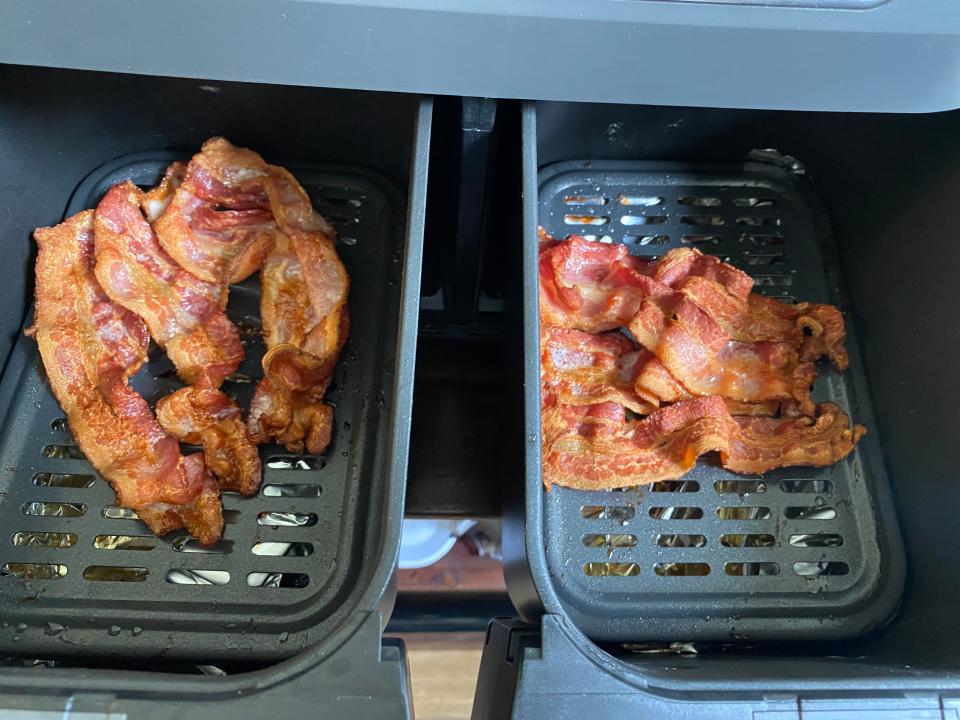 bacon strips cooked in two air-fryer baskets