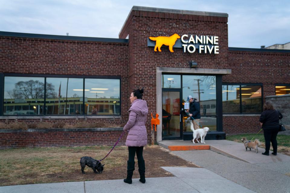 Sara Abrin, of Oak Park, left, waits briefly to check her 6-year-old French Bulldog Wellington in for doggy daycare at Canine To Five in Ferndale on Dec. 22, 2022. Canine To Five, a boarding and dog daycare facility, has had to raise their prices to retain trained staffers and to cover the inflation of running the facilities and dog supplies.