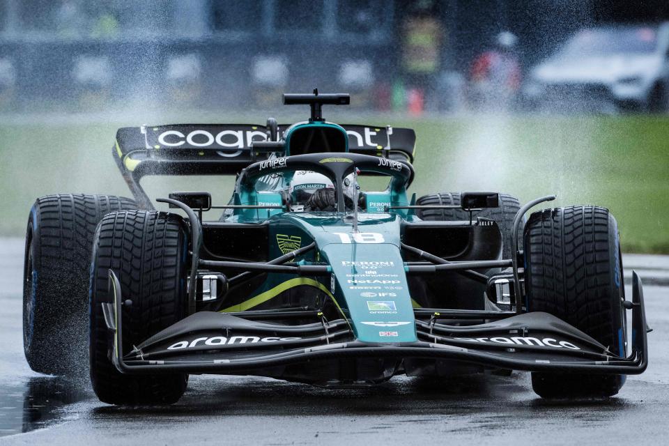 Aston Martin's Canadian driver Lance Stroll takes to the track in the rain during the third practice session for the Canada Formula 1 Grand Prix on June 18, 2022, at Circuit Gilles-Villeneuve in Montreal. (Photo by Jim WATSON / AFP) (Photo by JIM WATSON/AFP via Getty Images)