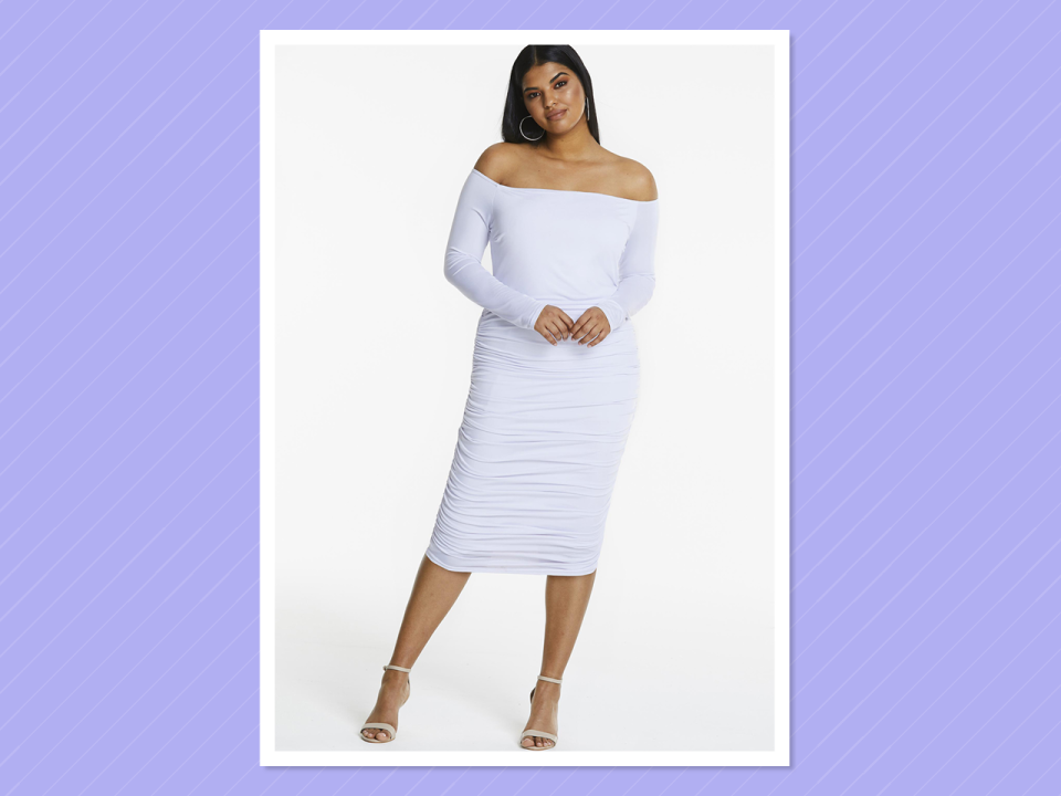 <p>Slinky Bardot Dress, $40.99, <a rel="nofollow noopener" href="https://www.simplybe.com/en-us/products/edited-by-amber-rose-slinky-bardot-dress/p/LM909#v=1000000020%3A43%20Inches%7Ccolor%3ALM909_WHITE%7C" target="_blank" data-ylk="slk:simplybe.com;elm:context_link;itc:0;sec:content-canvas" class="link ">simplybe.com</a> </p>