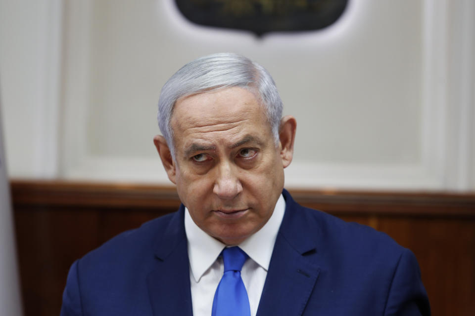 Israeli Prime Minister Benjamin Netanyahu attends the weekly cabinet meeting in Jerusalem, Sunday, July 14, 2019. (Ronen Zvulun/Pool Photo via AP)