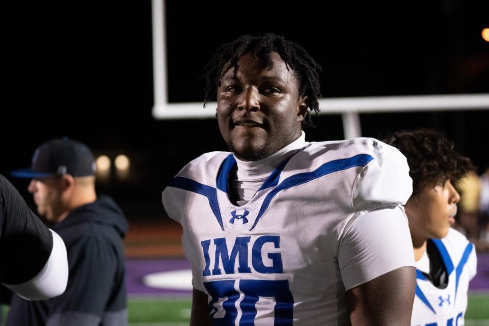 IMG's David Stone (90) after the game with Lipscomb at Lipscomb's Reese Smith Football Field in Nashville, Tenn., Friday night, Aug. 18, 2023. IMG went on to win the game 35-10.