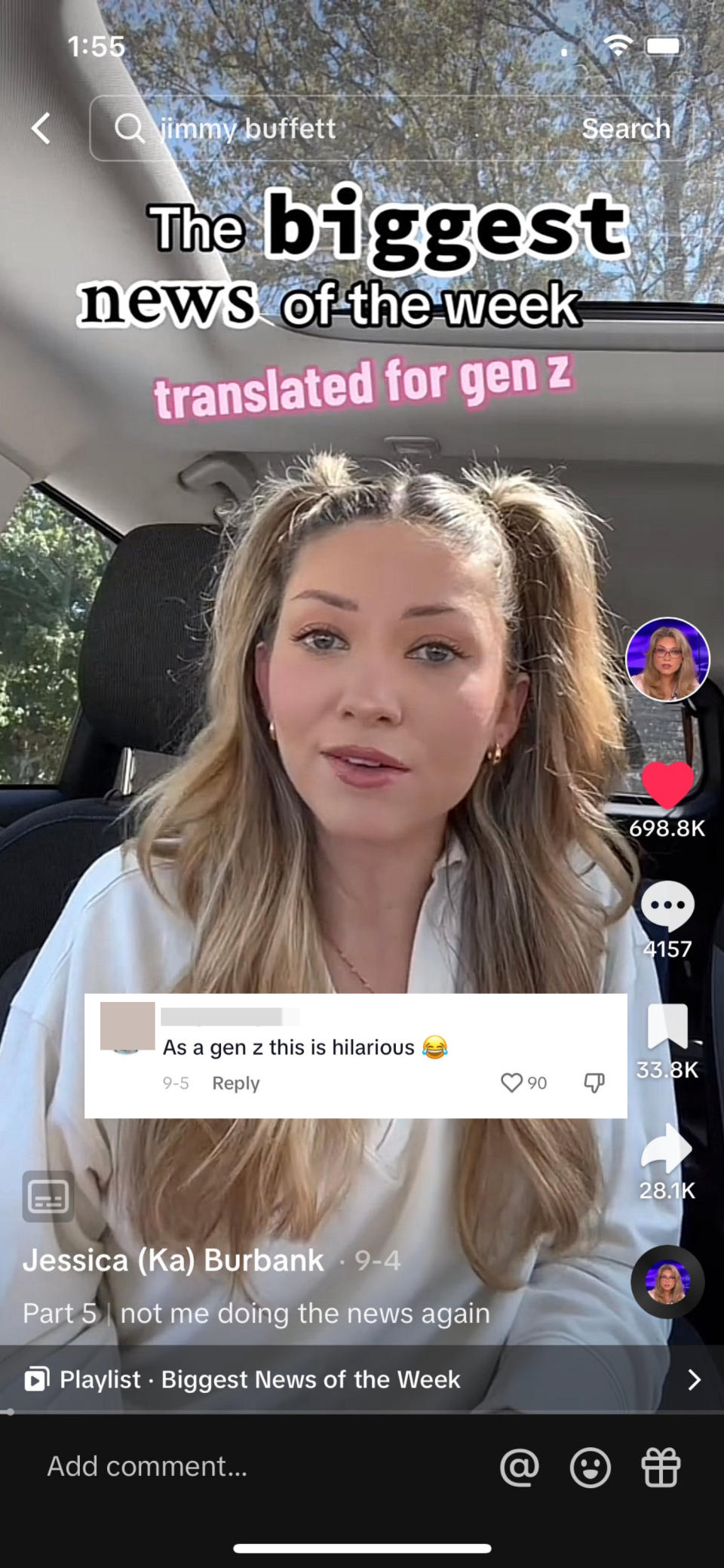 Jessica reading the news in her car with a comment that says "As a gen z this is hilarious"