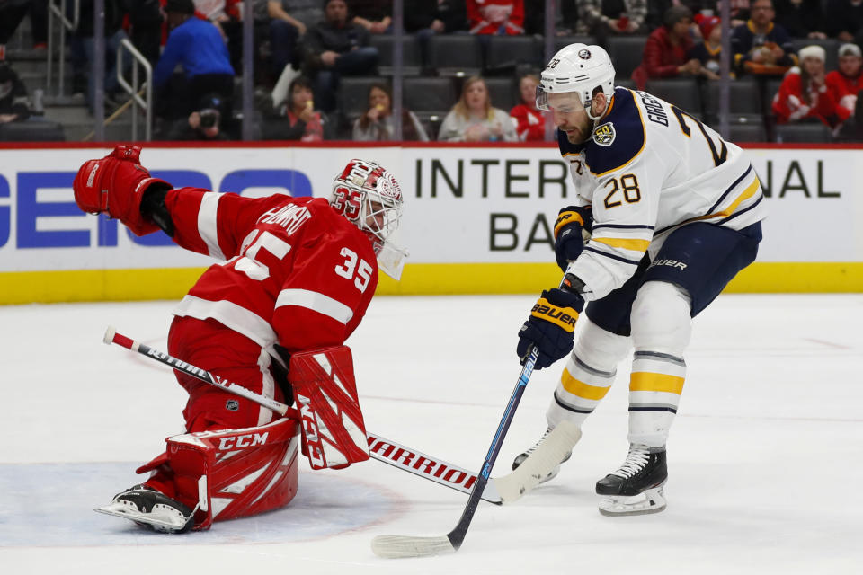 Buffalo Sabres center Zemgus Girgensons (28) scores on Detroit Red Wings goaltender Jimmy Howard (35) in the first period of an NHL hockey game Sunday, Jan. 12, 2020, in Detroit. (AP Photo/Paul Sancya)