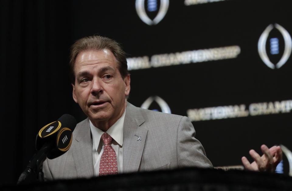 Alabama head coach Nick Saban speaks at a news conference for the NCAA college football playoff championship game Sunday, Jan. 6, 2019, in Santa Clara, Calif. (AP Photo/David J. Phillip)