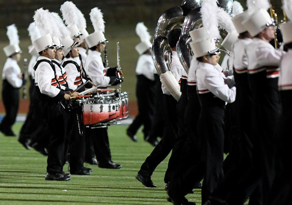 Levelland's band competes in the 4A UIL Region 16 marching contest, Saturday, Oct. 15, 2022, at PlainsCapital Park. Levelland received a Division 1 rating.