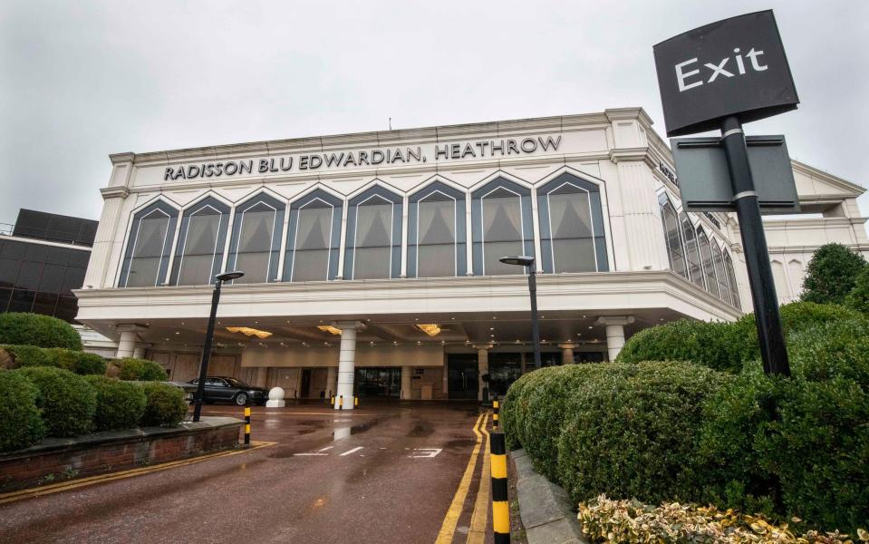 Passengers who arrived at Heathrow this morning were taken by coach to the nearby Radisson Blu Hotel to quarantine due to new coronavirus restrictions - JULIAN SIMMONDS/JULIAN SIMMONDS FOR THE TELEGRAPH