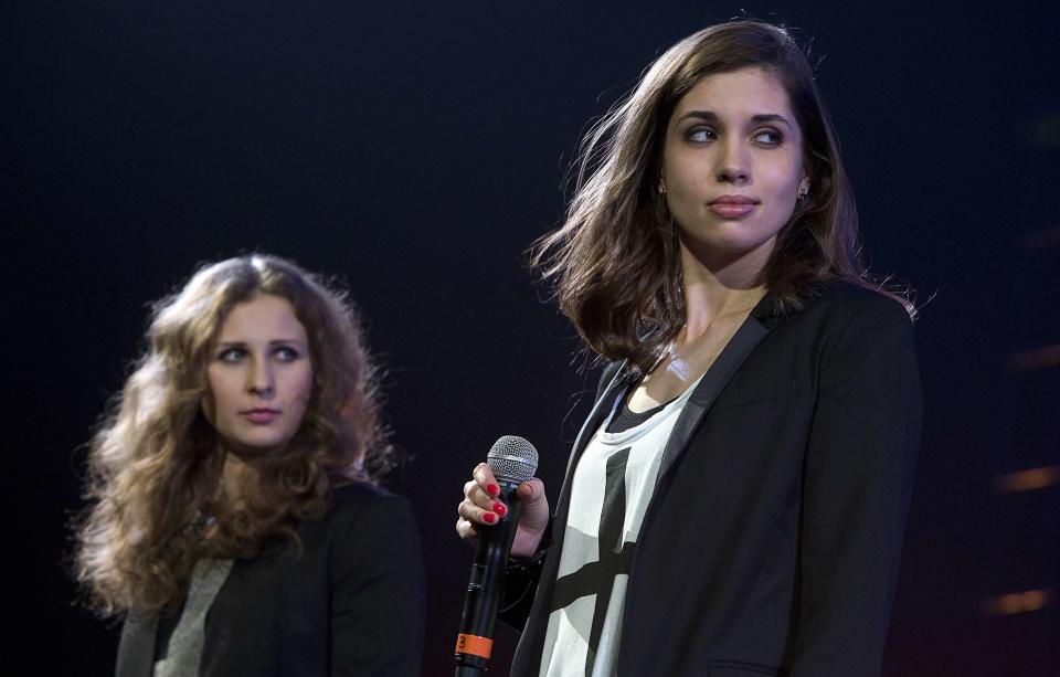 Pussy Riot members Maria Alyokhina and Nadezhda Tolokonnikova speak on stage during Amnesty International's "Bringing Human Rights Home" concert in New York