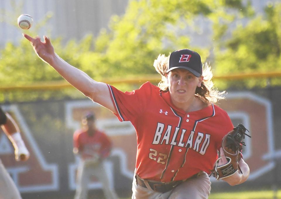 Ballard's pitcher Eli Rouse (22) pitches the ball agaisnt North Polk at Nite Hawk Field Monday, June 13, 2022, in Slater, Iowa.