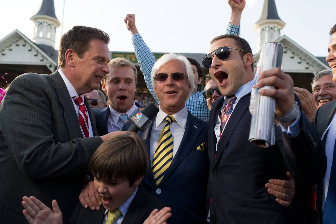 Trainer Bob Baffert, center, is interviewed with Zayat Stables’ Justin Zayat after American Pharoah’s win in the 141st running of the Kentucky Derby in 2014. Jonathan Palmer