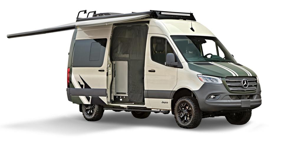 The exterior of the 2022 Jayco Terrain with the awning out