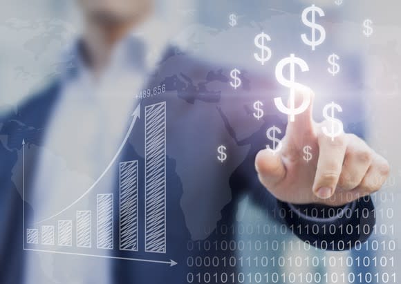 Upward sloping chart and dollar signs.