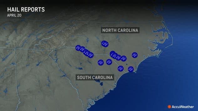 Hail spotter reports in the Carolinas on April 20, 2024.