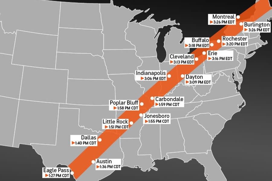 What time to see the total solar eclipse on 8 April, 2024 (Accuweather)