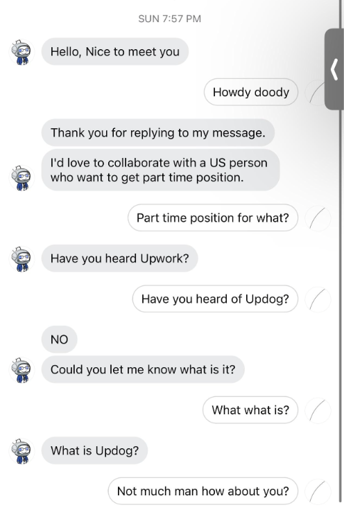 "I'd love to collaborate with a US person who want to get part time position" "Part time position for what?" "Have you heard Upwork?" "Have you heard of Updog?" "No, what is it?" "Wait what is?" "What is Updog?" "Not much man how about you?"