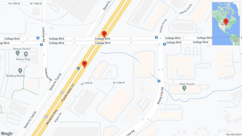 A detailed map that shows the affected road due to 'Warning: Crash on eastbound I-35 in Lenexa' on May 31st at 5:04 p.m.